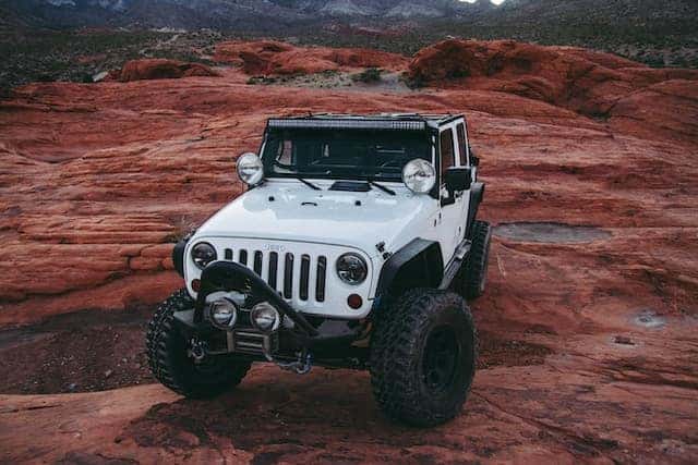 jeep wrangler on red rocks
