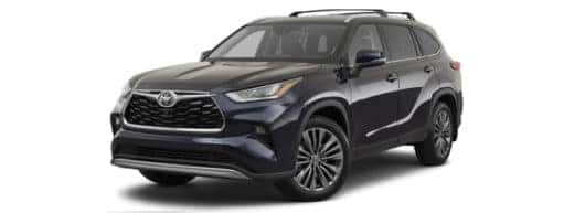 A dark blue 2022 Toyota Highlander Platinum is shown angled left.