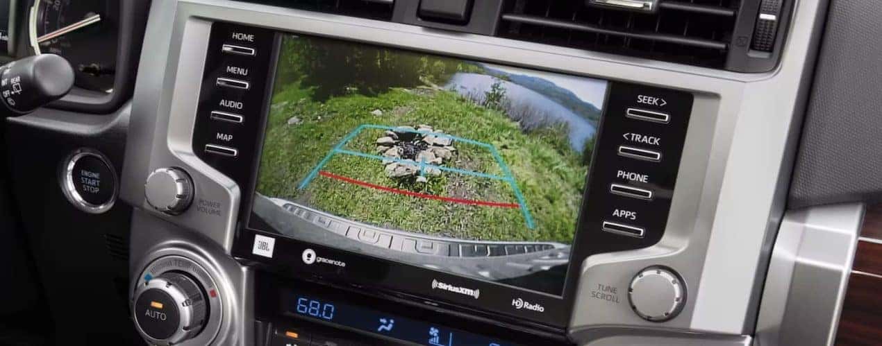 A close shows the back-up camera view on the infotainment screen of a 2023 Toyota 4Runner Limited.
