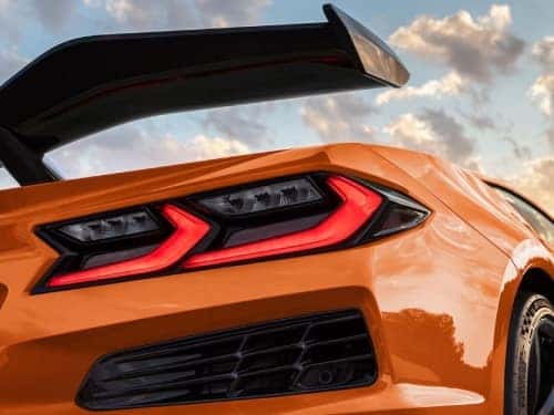 2025 Chevrolet Corvette Z06 close up view of rear with high-wing rear spoiler