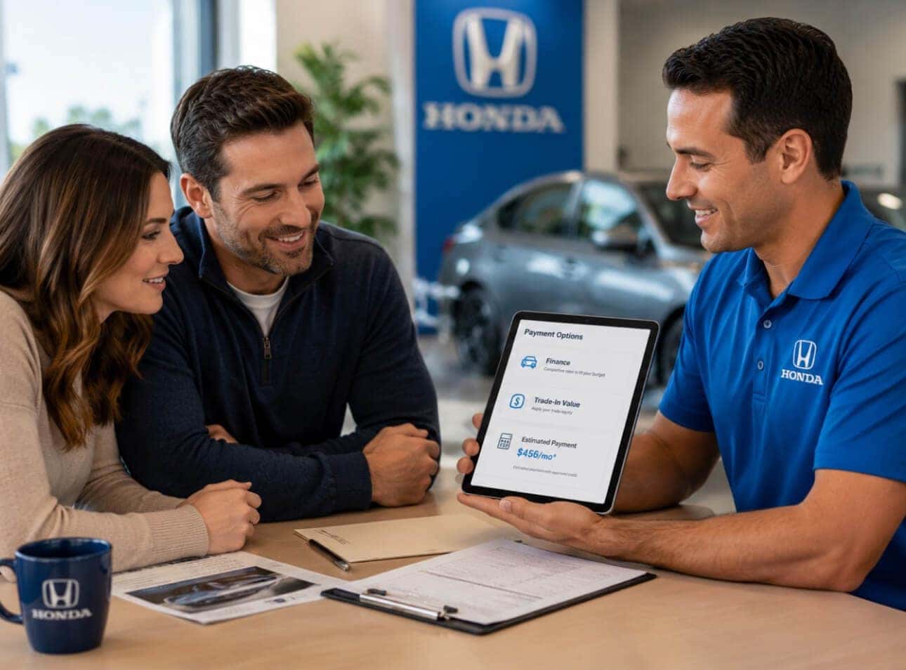 A Honda sales representative holds a tablet displaying payment terms while a pair of customers smiles.
