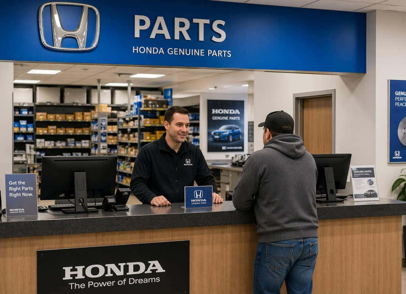 A customer service representative assists a customer at a well-stocked Honda Parts Center.