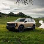 Tan Kia Telluride parked in lush green grassy hills sideview