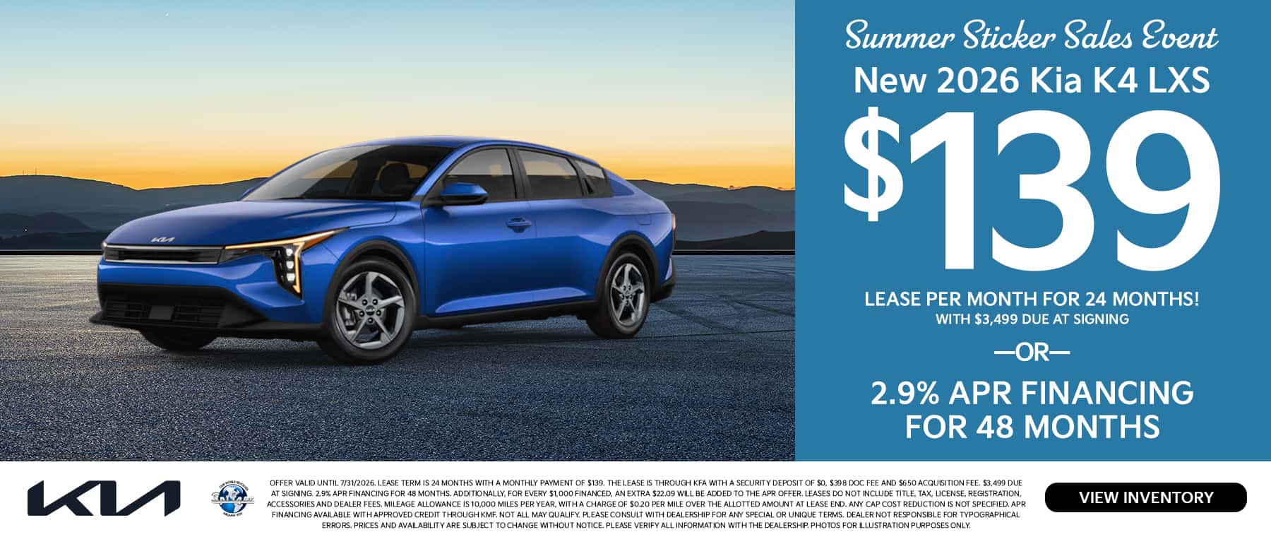 07.2026_2026 Kia K4_Lease for $139 for 24 mo OR 2.9% for 48 mo