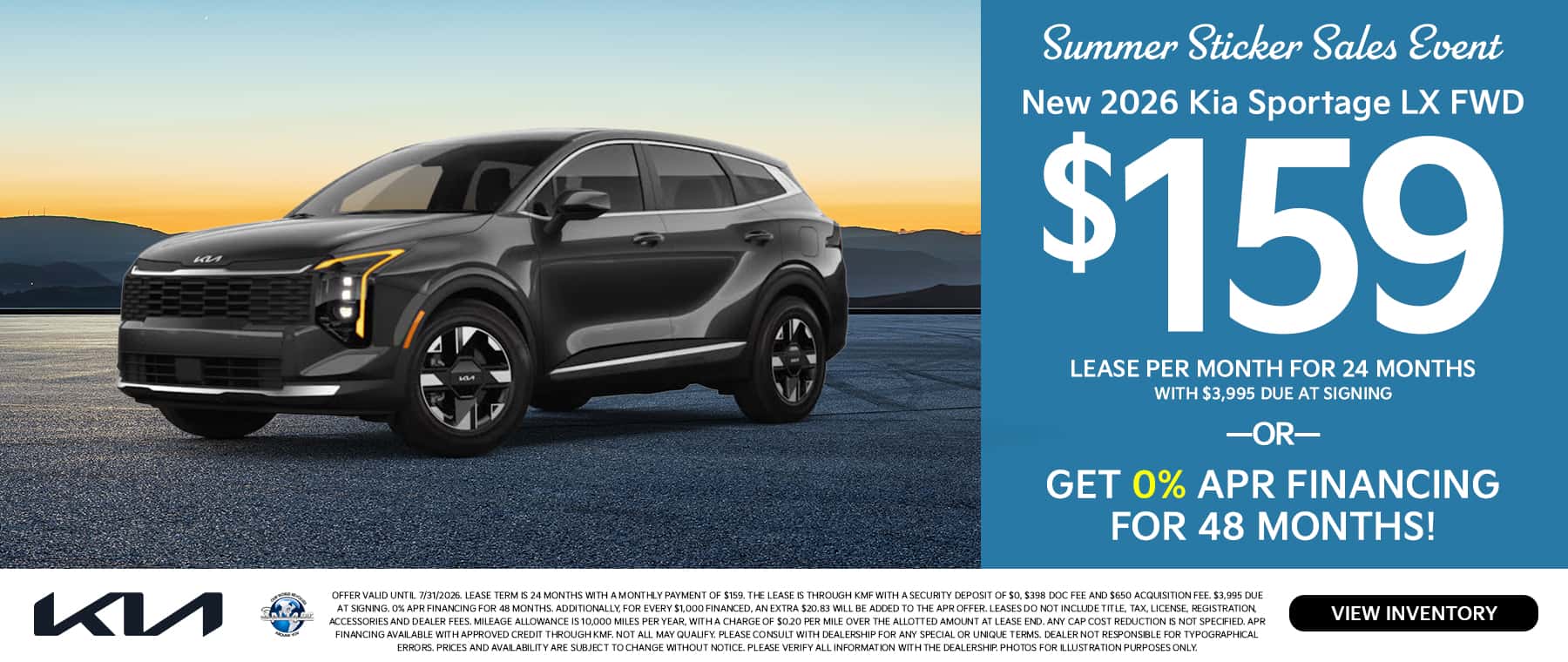 07.2026_2026 Kia Sportage_Lease $159 for 24 mo OR 0% for 48 mo