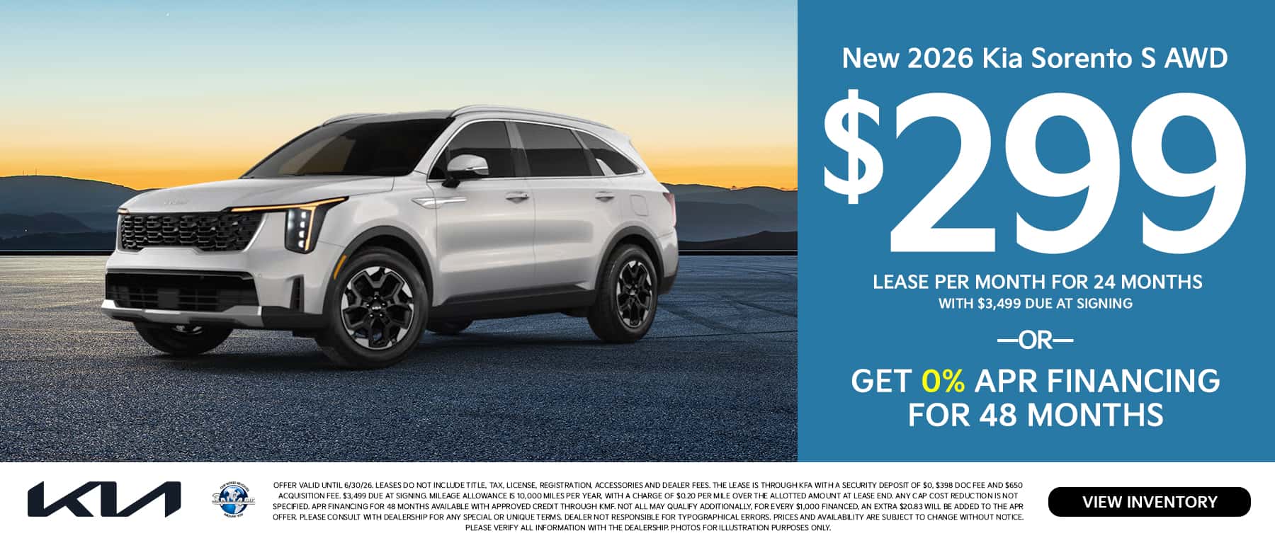 06.2026_2026 Kia Sorento_Lease for $299 for 24 mo OR 0% for 48 mo