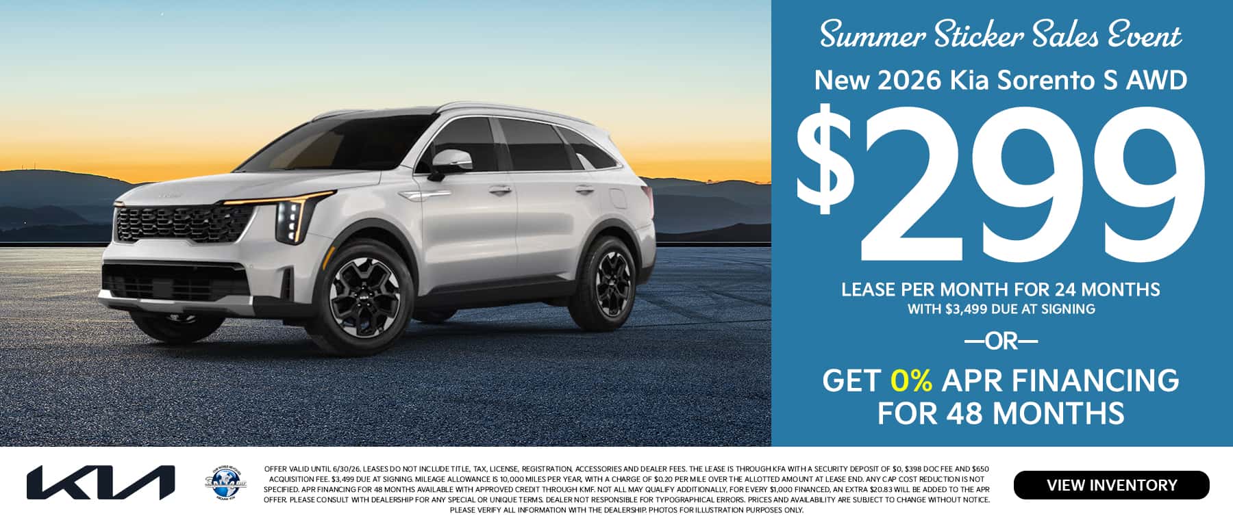 06.2026_2026 Kia Sorento_Lease for $299 for 24 mo OR 0% for 48 mo