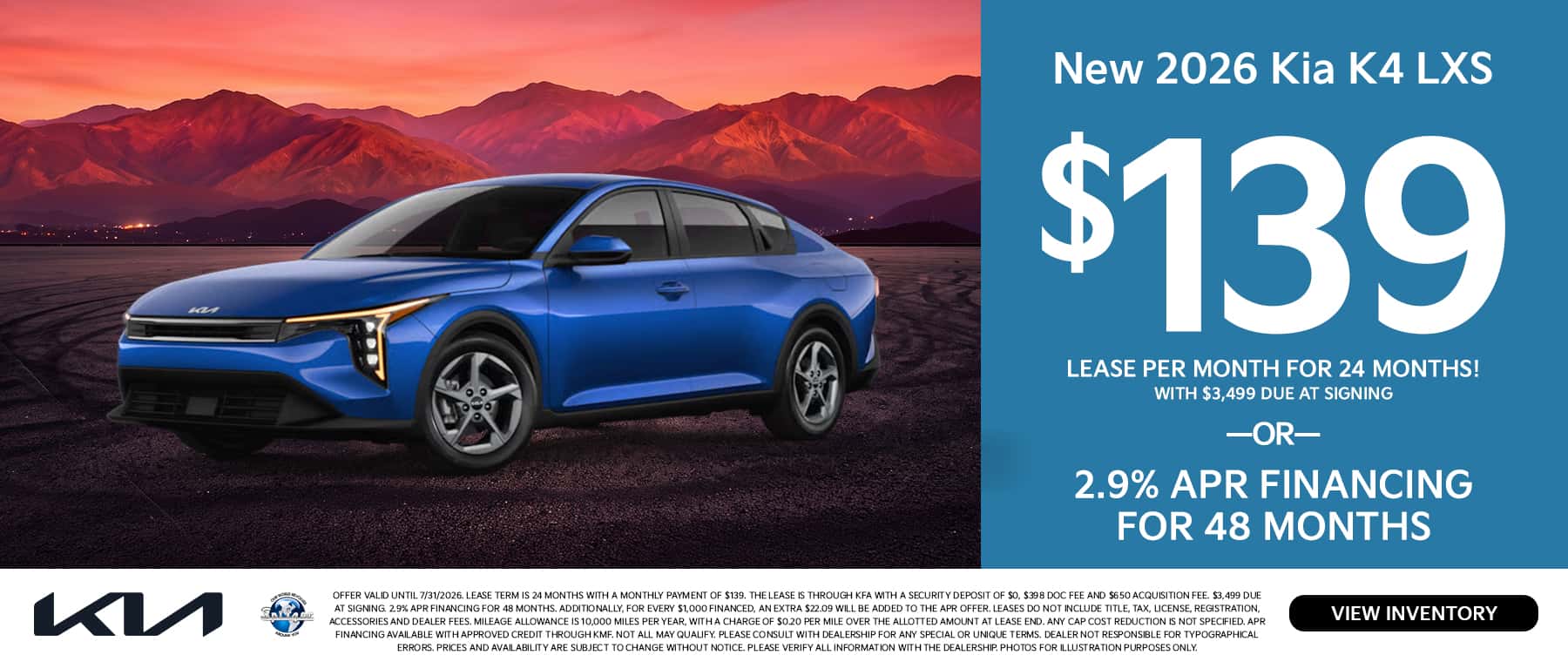 07.2026_2026 Kia K4_Lease for $139 for 24 mo OR 2.9% for 48 mo