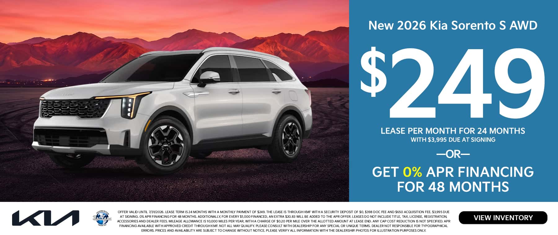 07.2026_2026 Kia Sorento_Lease for $249 for 24 mo OR 0% for 48 mo
