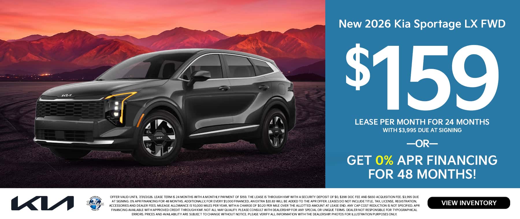 07.2026_2026 Kia Sportage_Lease $159 for 24 mo OR 0% for 48 mo