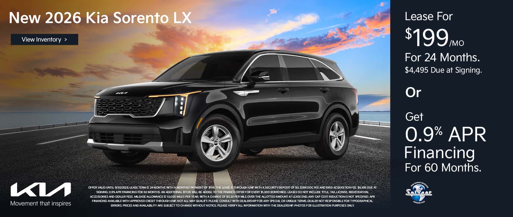 09.2026_Kia Sorento_Lease for $199 for 24 mo OR get 0.9% for 60 mo