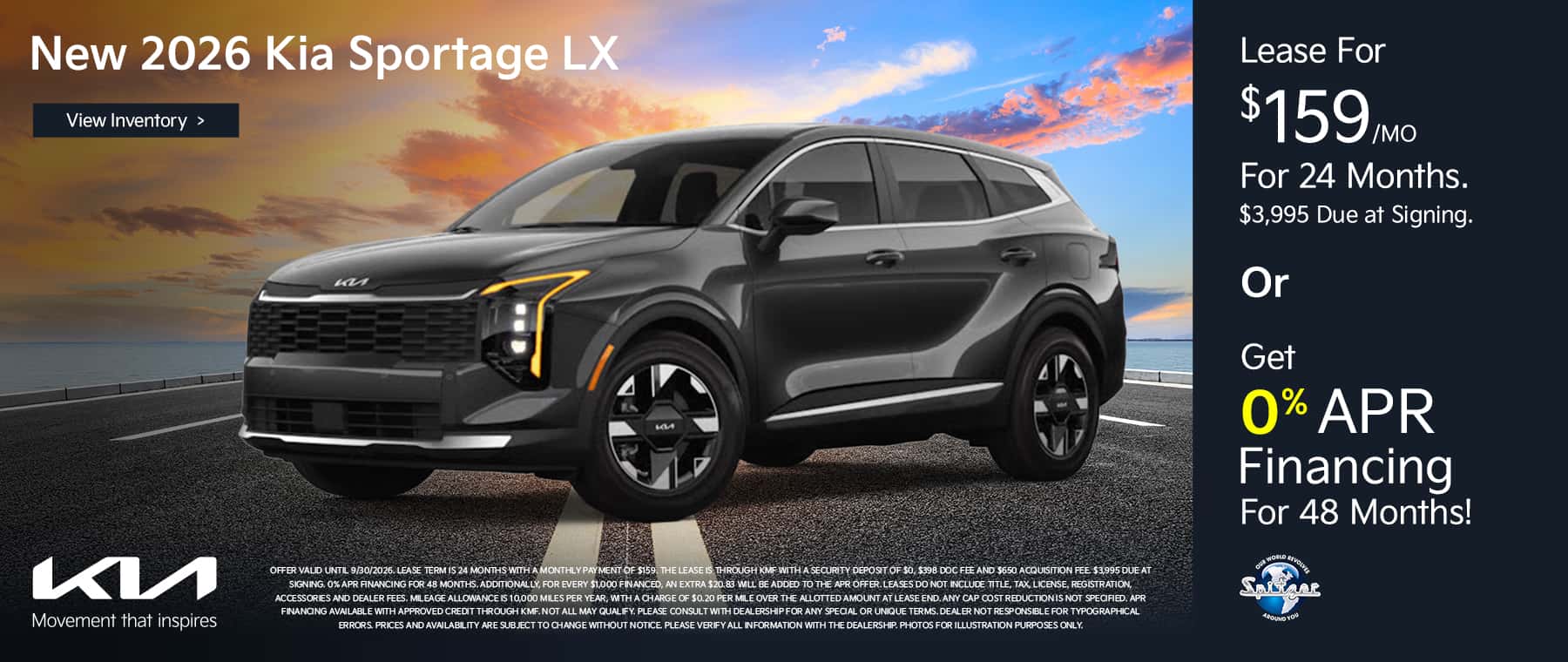 09.2026_Kia Sportage_Lease for $159 for 24 mo OR get 0% for 48 mo