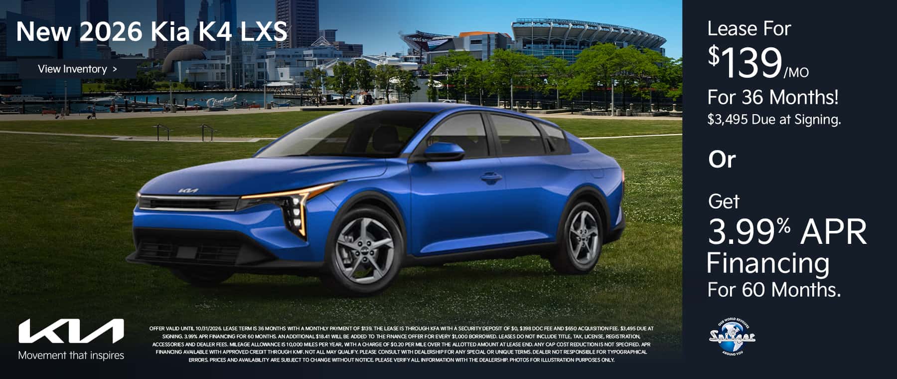 10.2026_Kia K4_Lease for $139 for 36 mo OR get 3.99% apr for 60mo