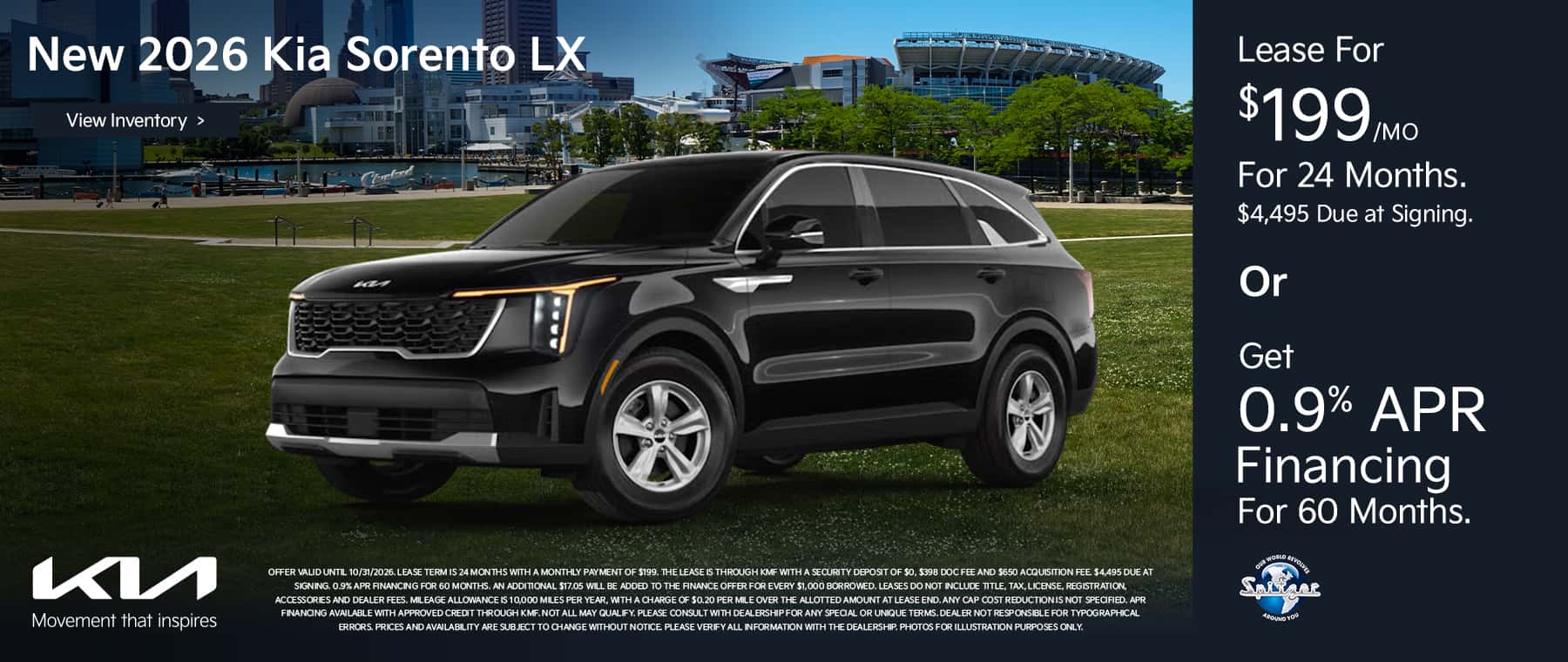 10.2026_Kia Sorento_Lease for $199 for 24 mo OR get 0.9% for 60 mo