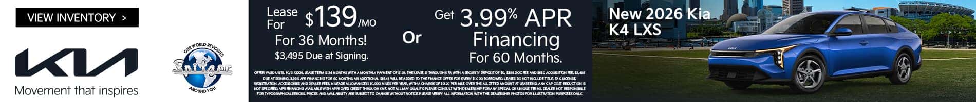 10.2026_Kia K4_Lease for $139 for 36 mo OR get 3.99% apr for 60mo