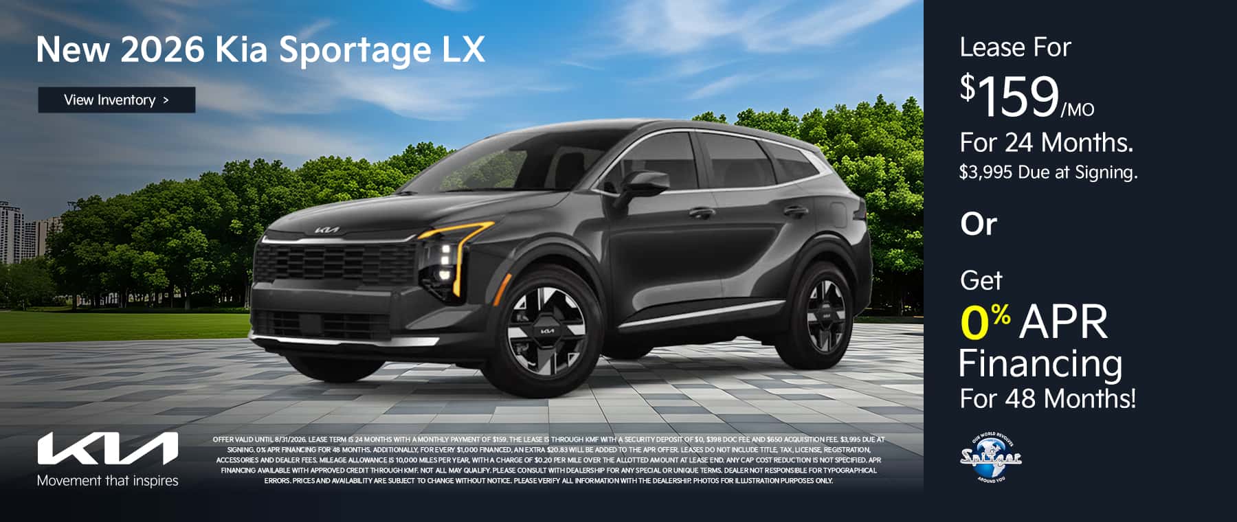 08.2026_Kia Sportage_Lease for $159 for 24 mo OR get 0% for 48 mo