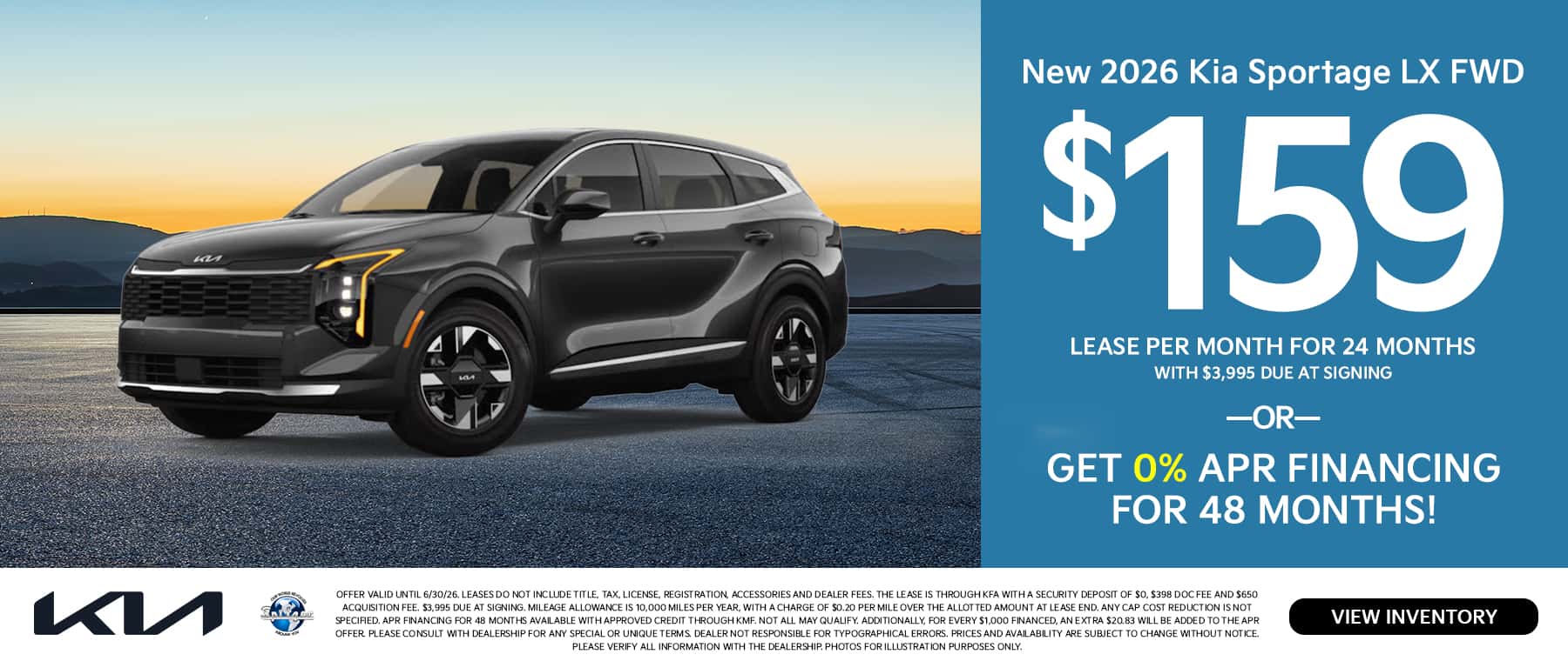 06.2026_2026 Kia Sportage_Lease for $159 for 24 mo OR 0% for 48 mo