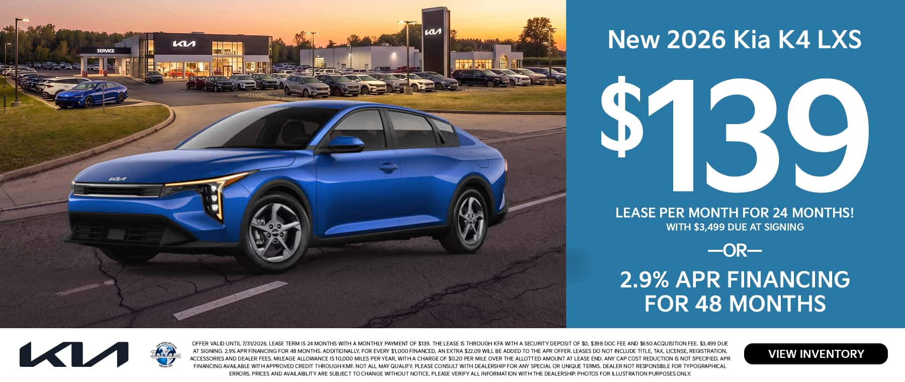07.2026_2026 Kia K4_Lease for $139 for 24 mo OR 2.9% for 48 mo