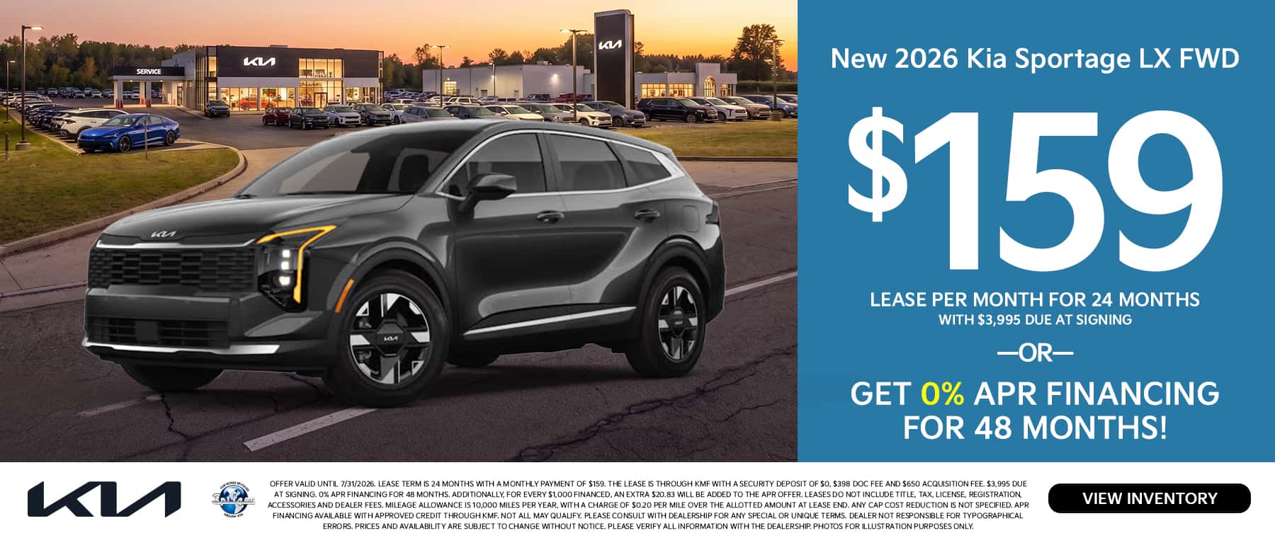 07.2026_2026 Kia Sportage_Lease $159 for 24 mo OR 0% for 48 mo