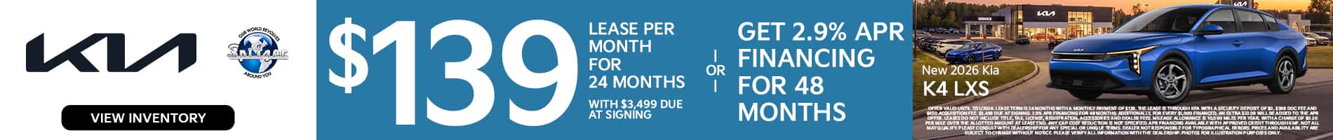 07.2026_2026 Kia K4_Lease for $139 for 24 mo OR 2.9% for 48 mo