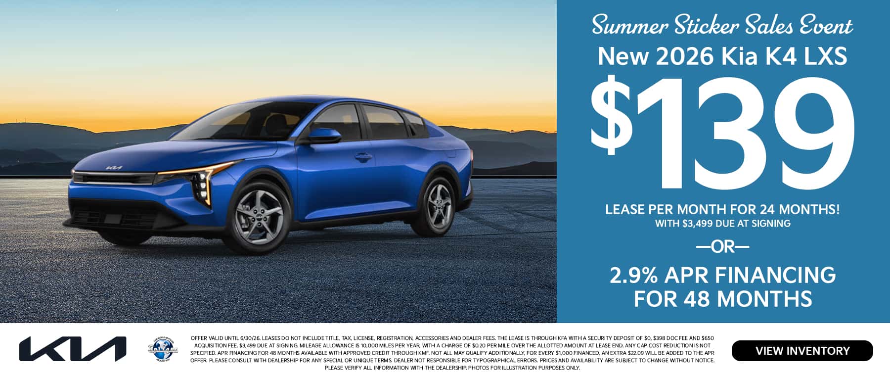 06.2026_2026 Kia K4_Lease for $139 for 24 mo OR 2.9% for 48 mo