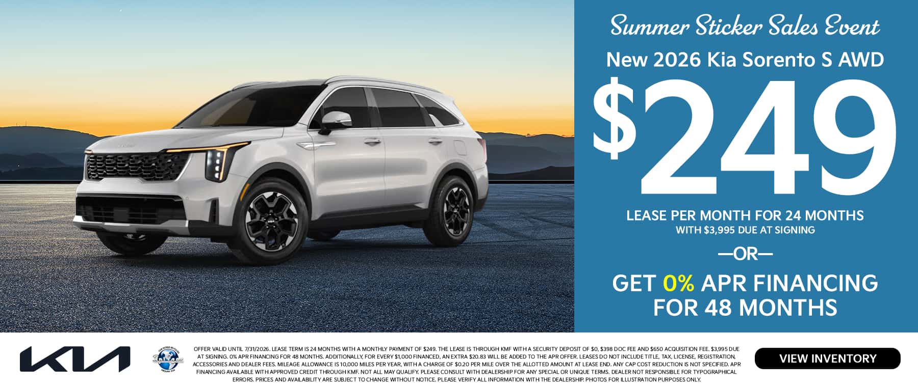 07.2026_Kra Sorento_Lease for $249 for 24 mo OR 0% for 48 mo