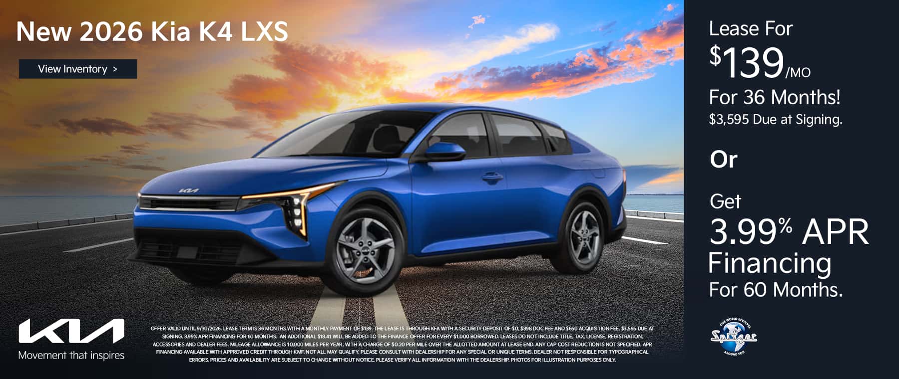 09.2026_Kia K4_Lease for $139 for 36 mo OR get 3.99% for 60 mo