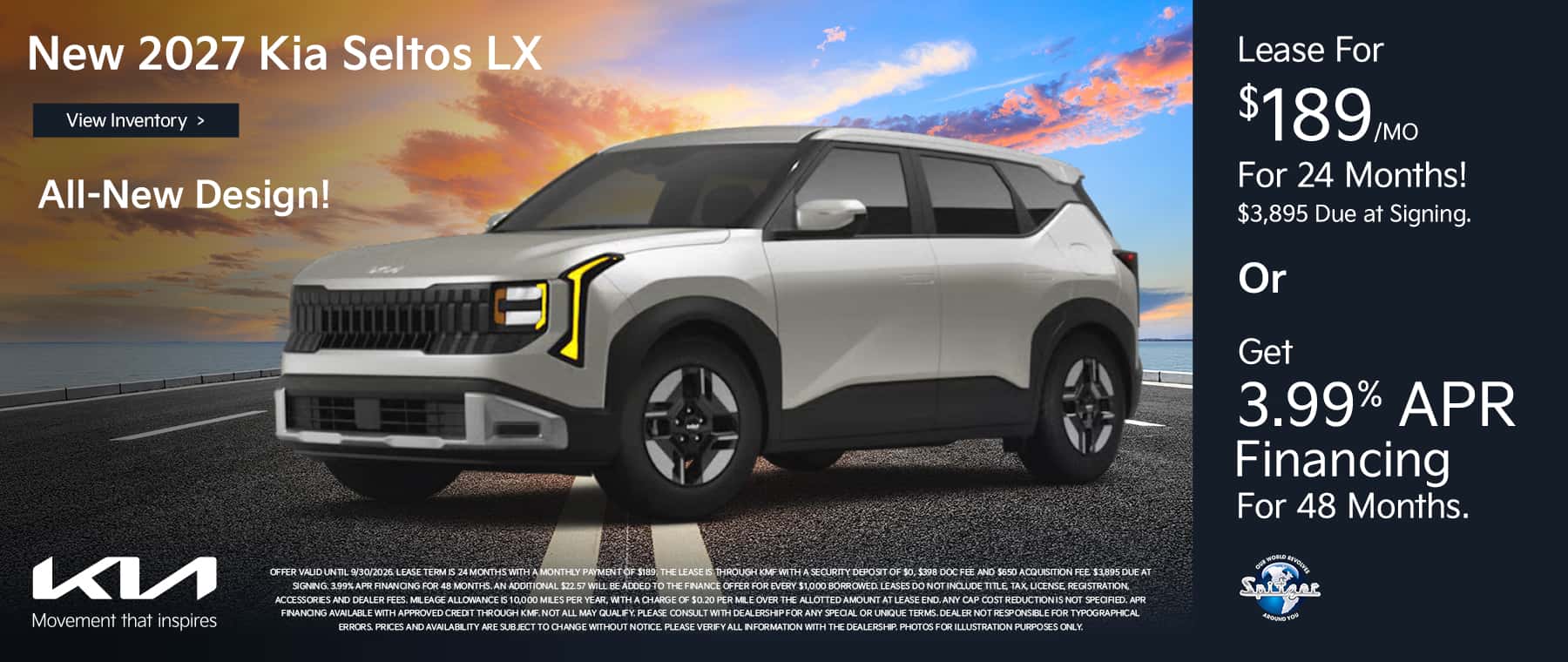 09.2026_Kia Seltos_Lease for $189 for 24 mo OR get 3.99% for 48 mo