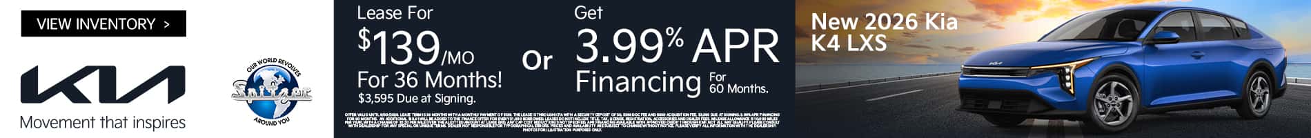 09.2026_Kia K4_Lease for $139 for 24 mo OR get 3.99% apr for 60 mo