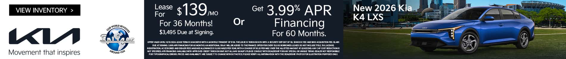 10.2026_Kia K4_Lease for $139 for 24 mo OR get 0% apr for 60 mo