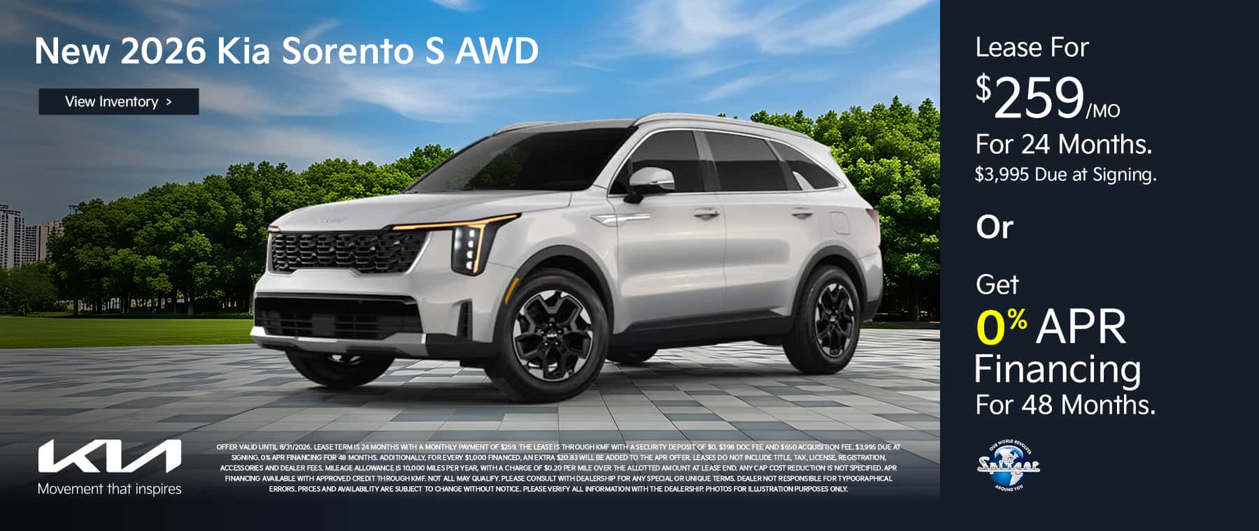 08.2026_Kia Sorento_Lease for $259 for 24 mo OR get 0% for 48 mo