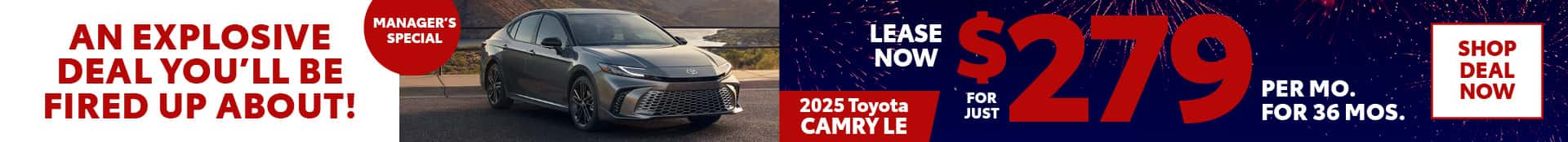 2025 Camry LE July Manager Lease Offer - Desktop SRP Banner