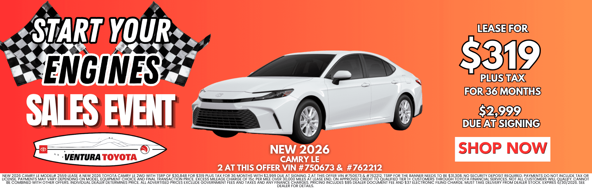 New Camry LE Lease Deal in Ventura. Near Oxnard, Simi Valley, Thousand Oaks and Santa Barbara.