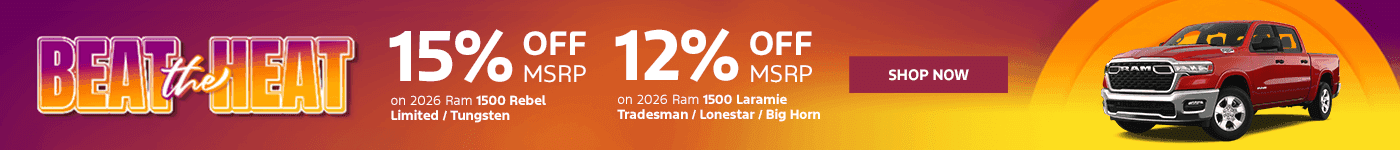 15% off MSRP on 2026 Ram 1500 Rebel/Limited/Tungsten Subtext: 12% off MSRP on Ram 1500 Laramie/Tradesman/Lonestar/Big Horn