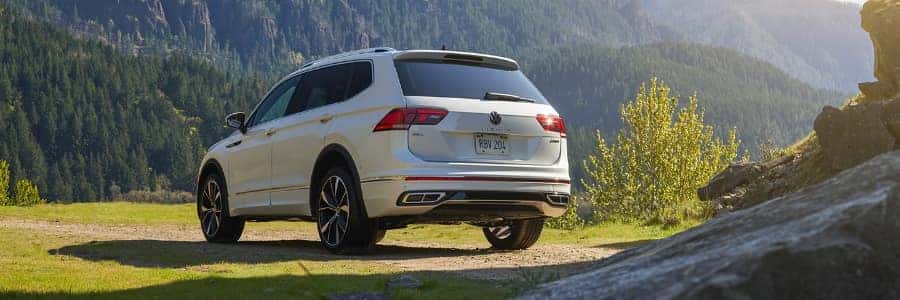 a silver VW Tiguan is parked amongst greenery in the mountains
