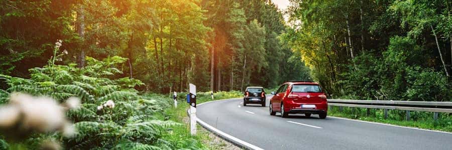 Dos coches circulando por una carretera con curvas en el bosque