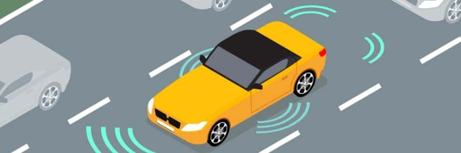 Cartoon of a yellow car with sensor waves emanating 