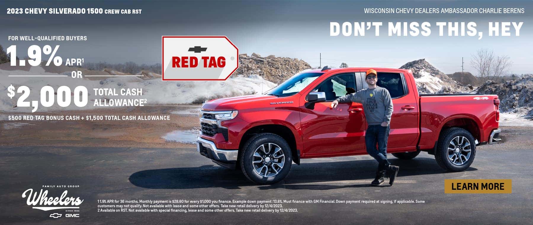 2023 Chevy Silverado 1500 Crew Cab RST. Do more together this holiday season. For well-qualified buyers 1.9% APR or $2,000 total cash allowance. $500 Red Tag bonus cash + $1,500 total cash allowance.