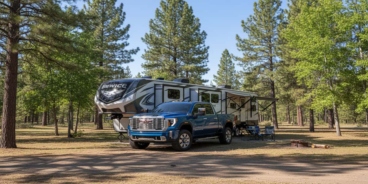 Sierra HD Truck showcasing towing capabilities next to a fifth wheel camper