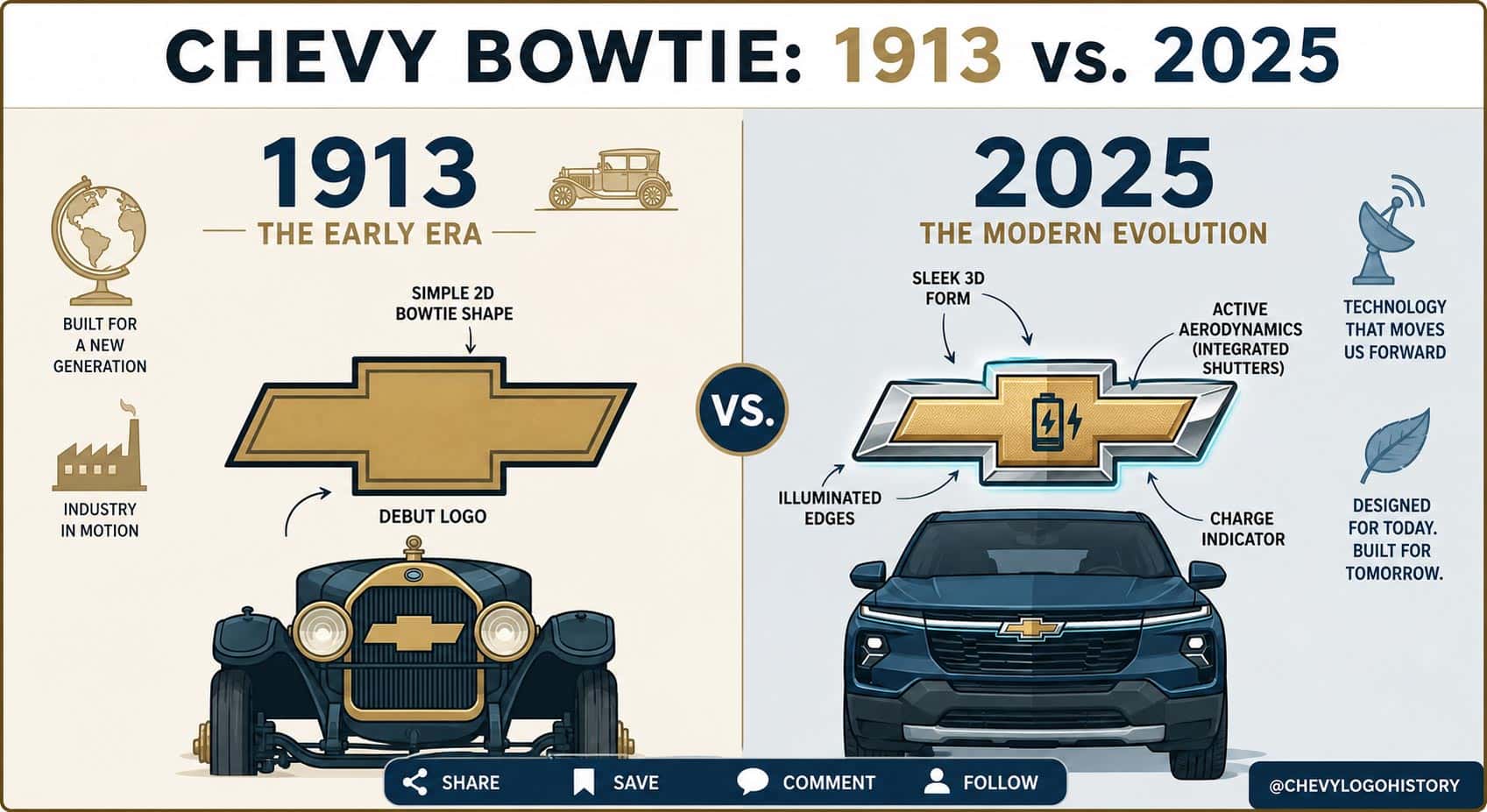 Chevy bowtie logo comparison — original 1913 embossed design versus the modern 2020 flat version