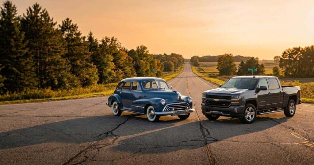 side by side of vintage vehicles