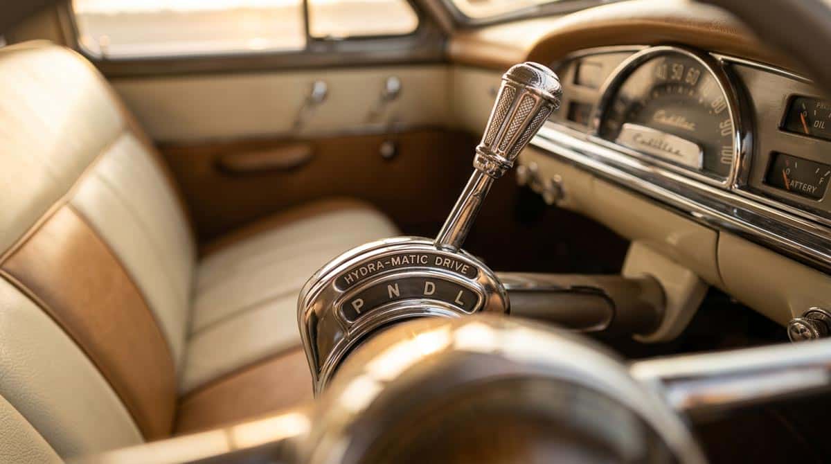 Polished chrome automatic transmission gear shifter in a classic 1940s American automobile interior