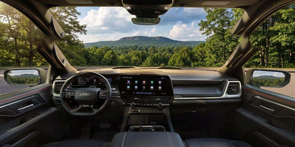 2027 Chevrolet Silverado interior with a view of Rib Mountain near Wausau, Wisconsin