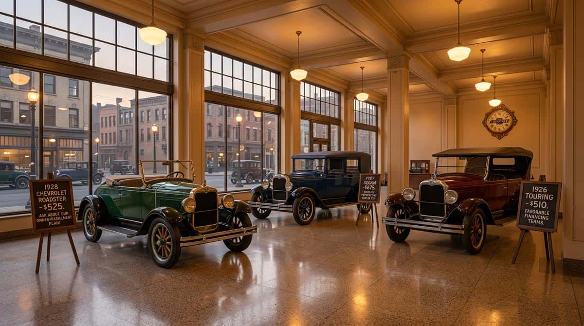 1920s American dealership showroom with gleaming classic Chevrolet vehicles under warm incandescent lights