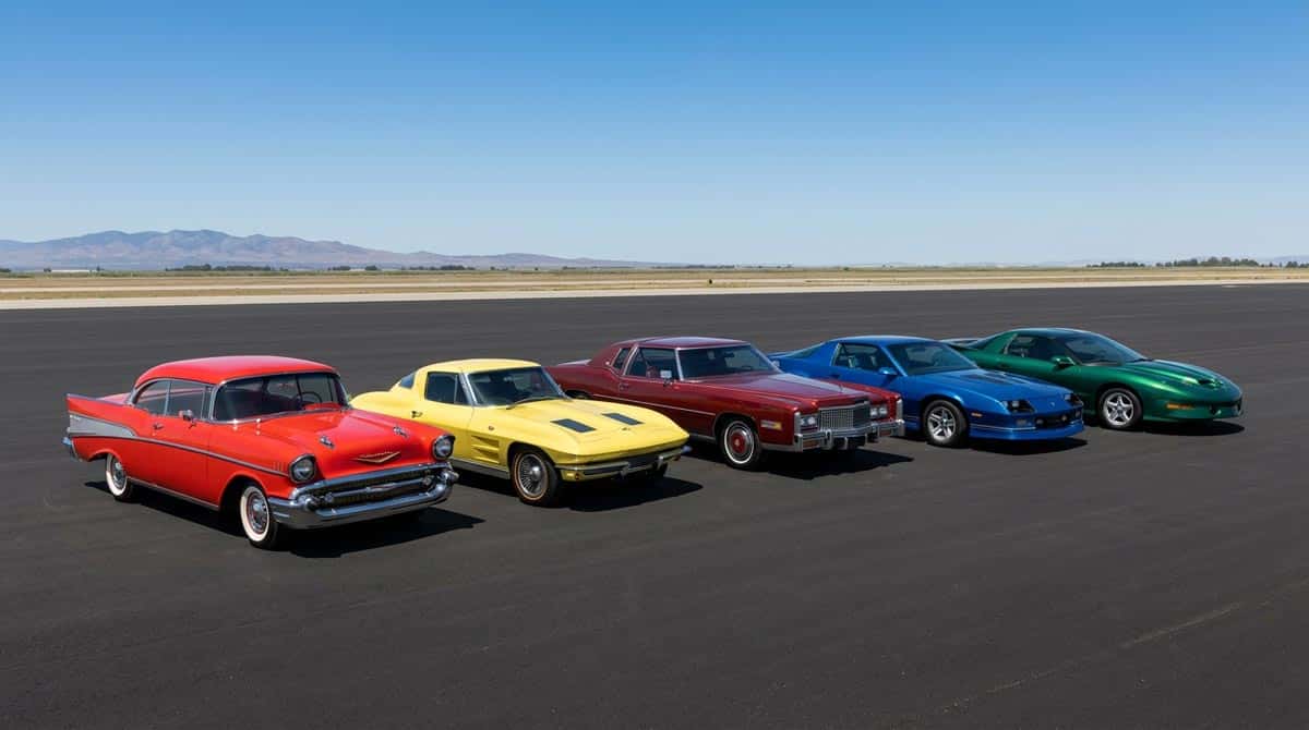 Five classic American GM vehicles from five different decades parked in a diagonal lineup under a clear blue sky