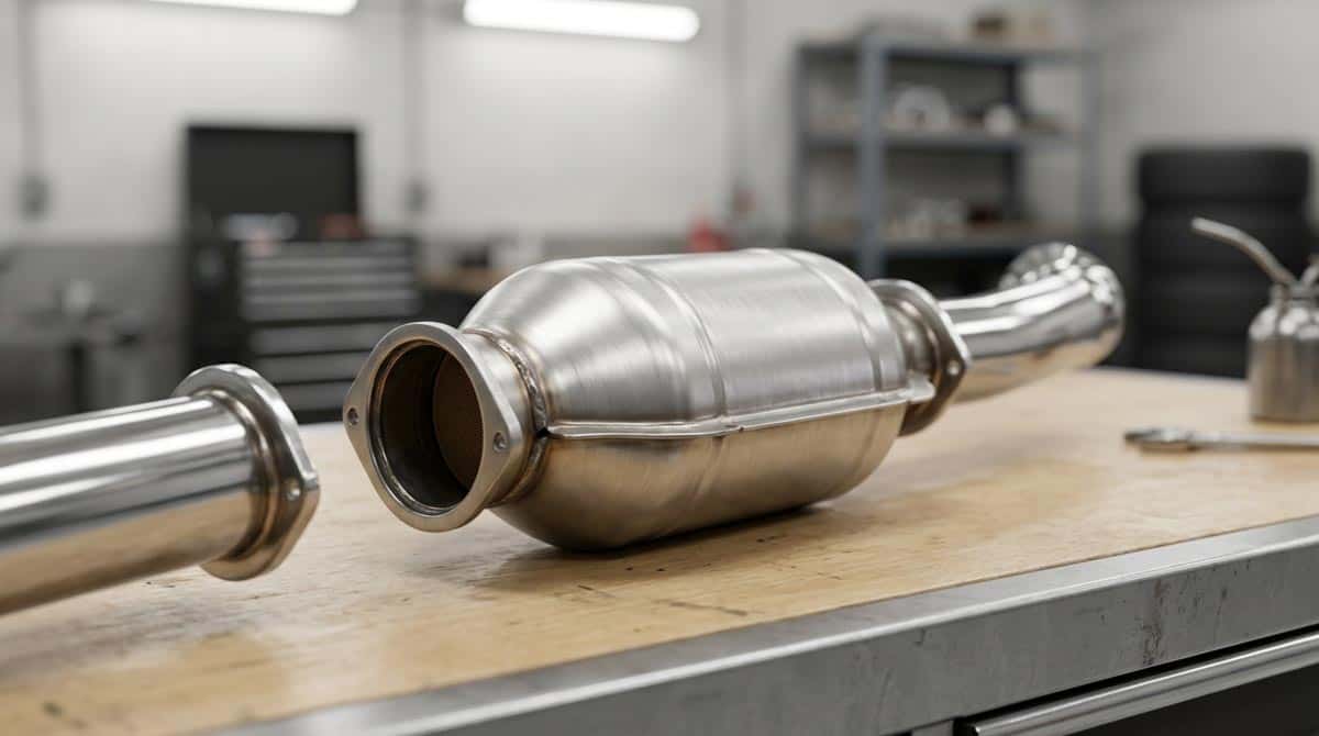 Clean stainless steel catalytic converter component on a workshop bench with soft diffused industrial lighting