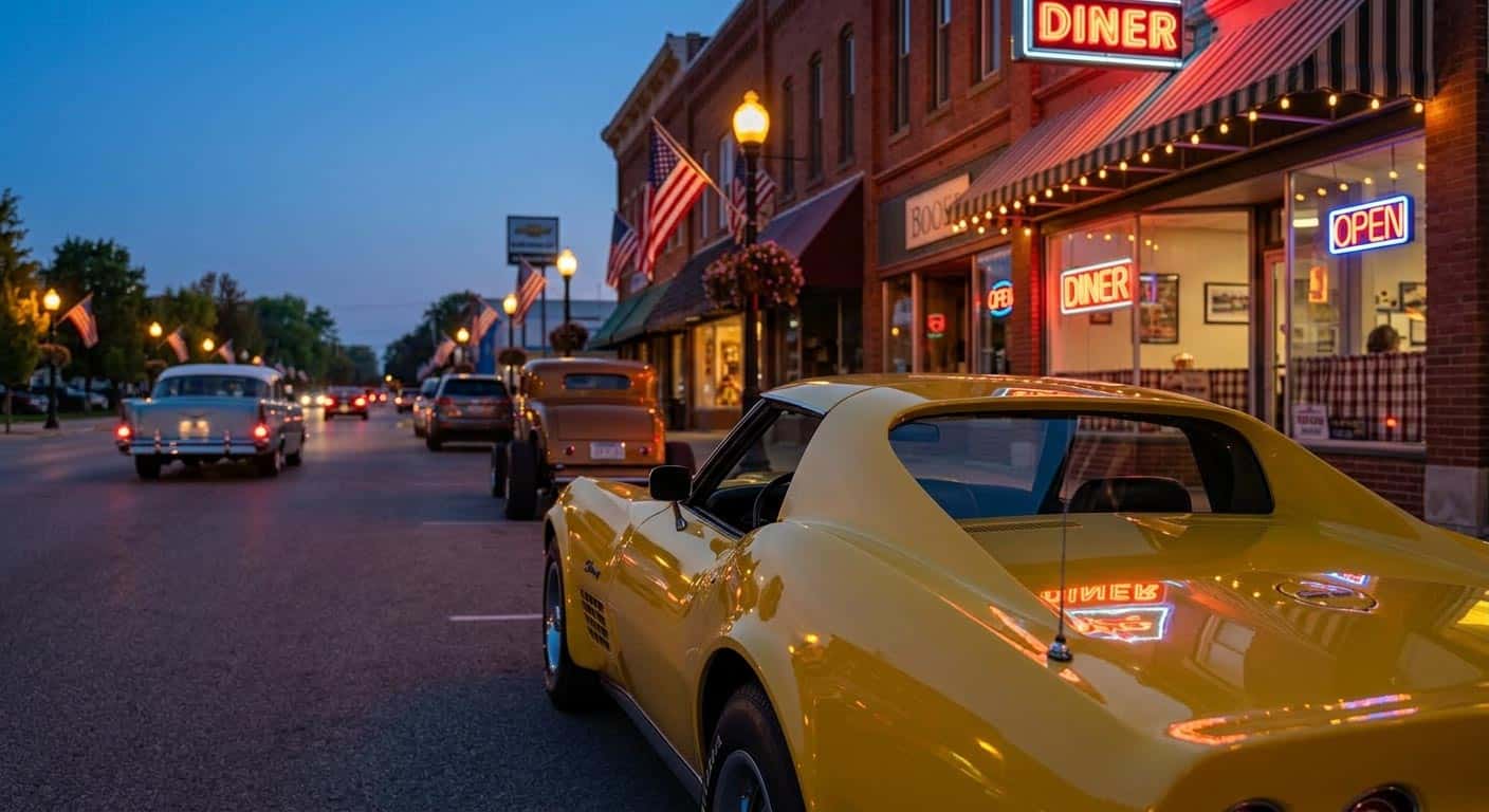 Yellow Chevy Corvette parked outside a classic diner at dusk with string lights overhead