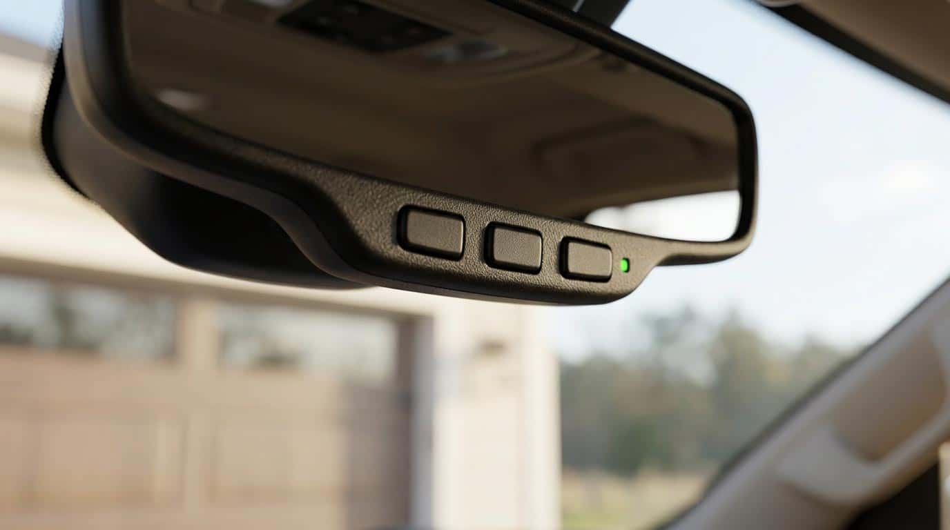 GMC Sierra HomeLink garage door buttons on the rearview mirror