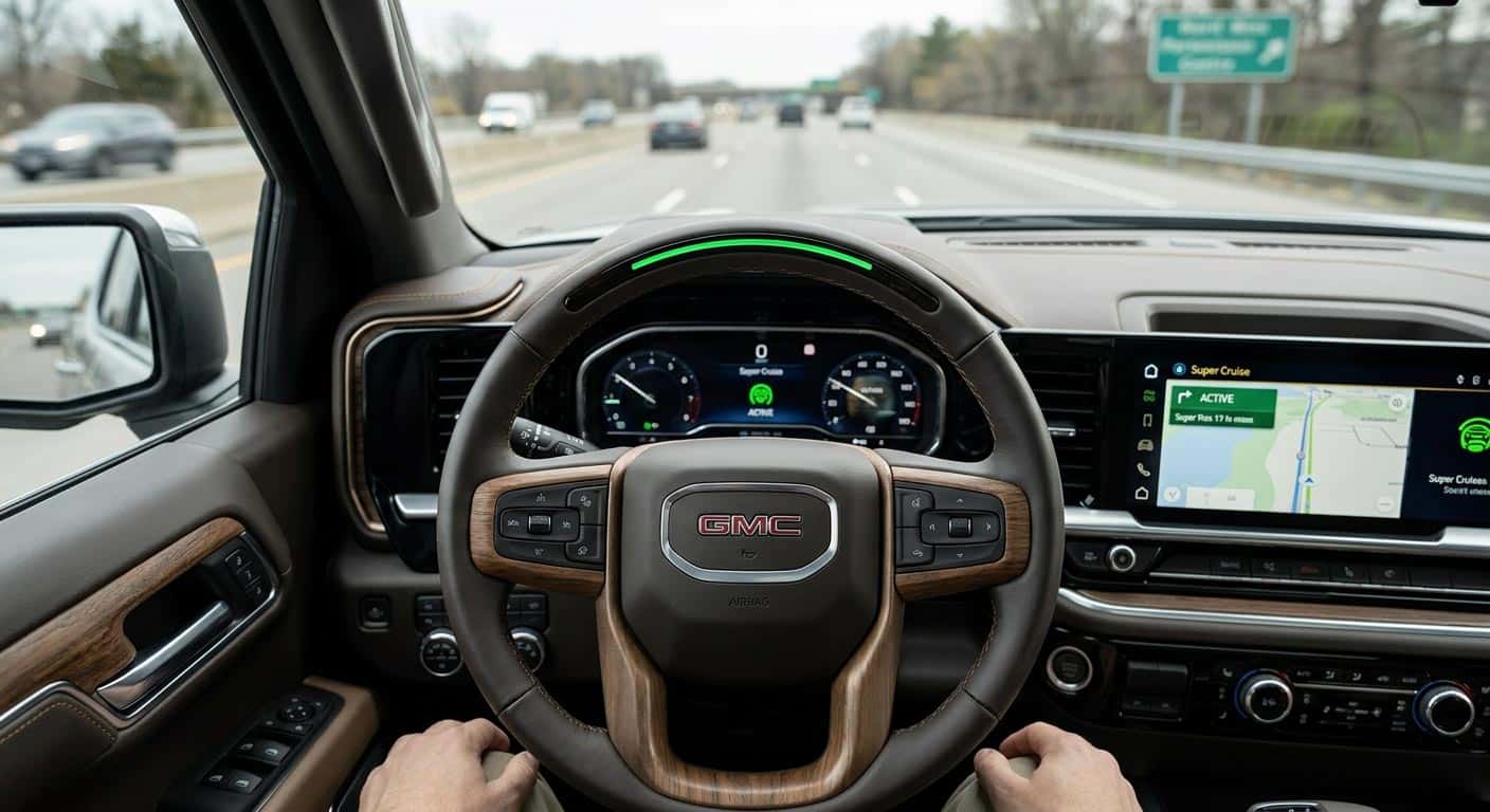 GM Super Cruise steering wheel light bar engaged for hands-free driving