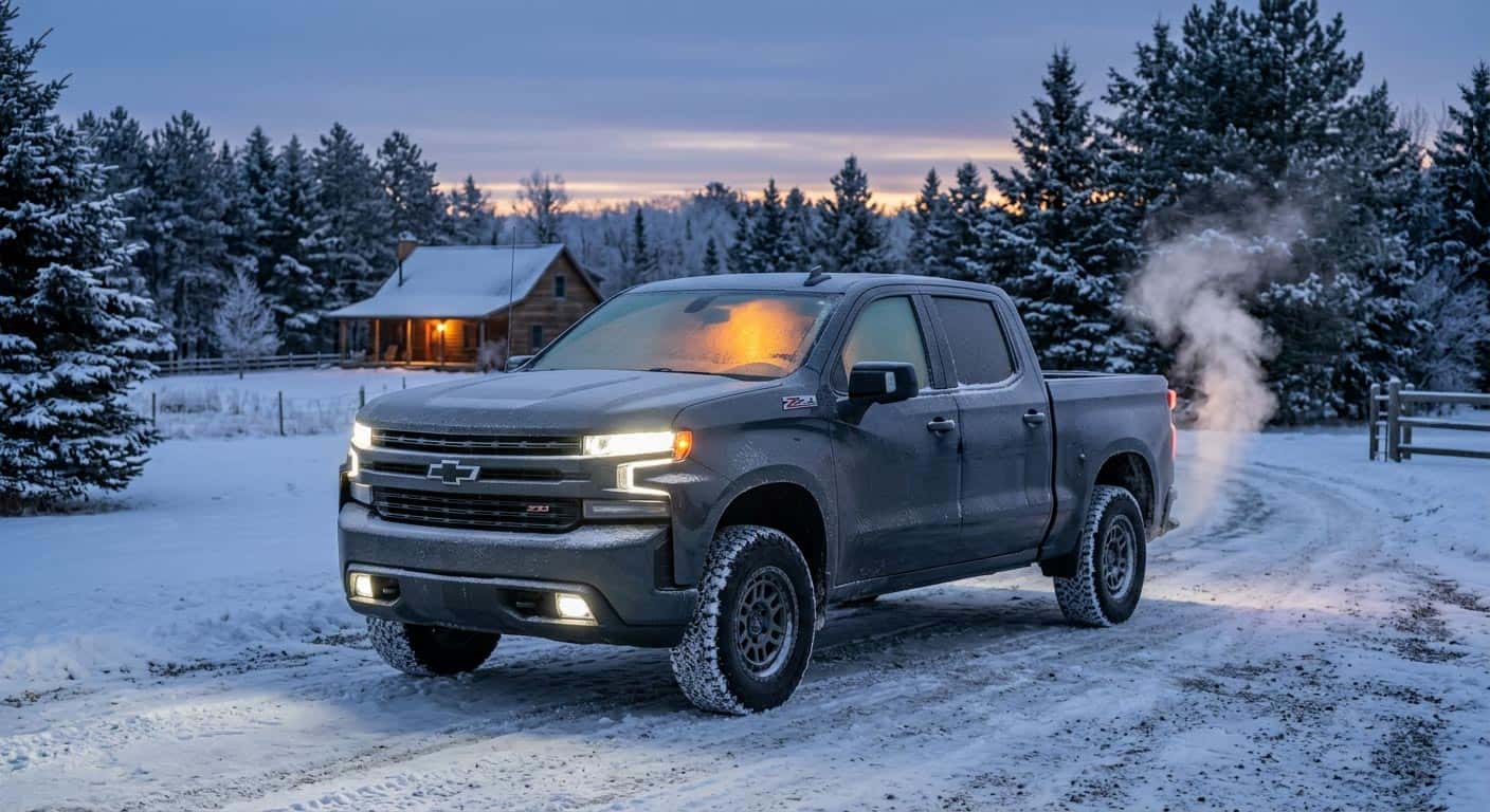 Frost-covered Chevy Silverado warming up in a snowy Central Wisconsin driveway with exhaust visible in cold air
